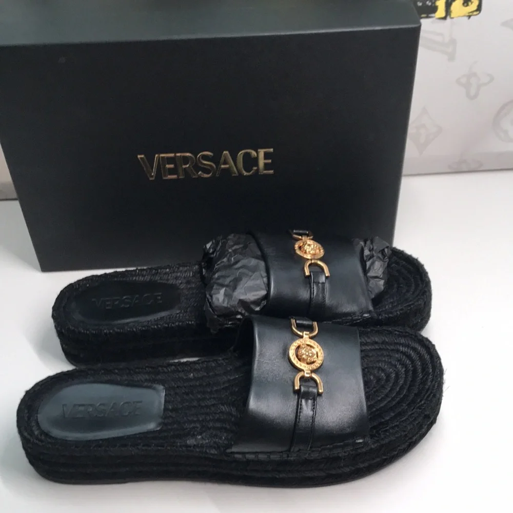 New Authentic Versace Summer Slides – Premium Leather, Gold-Tone Logo